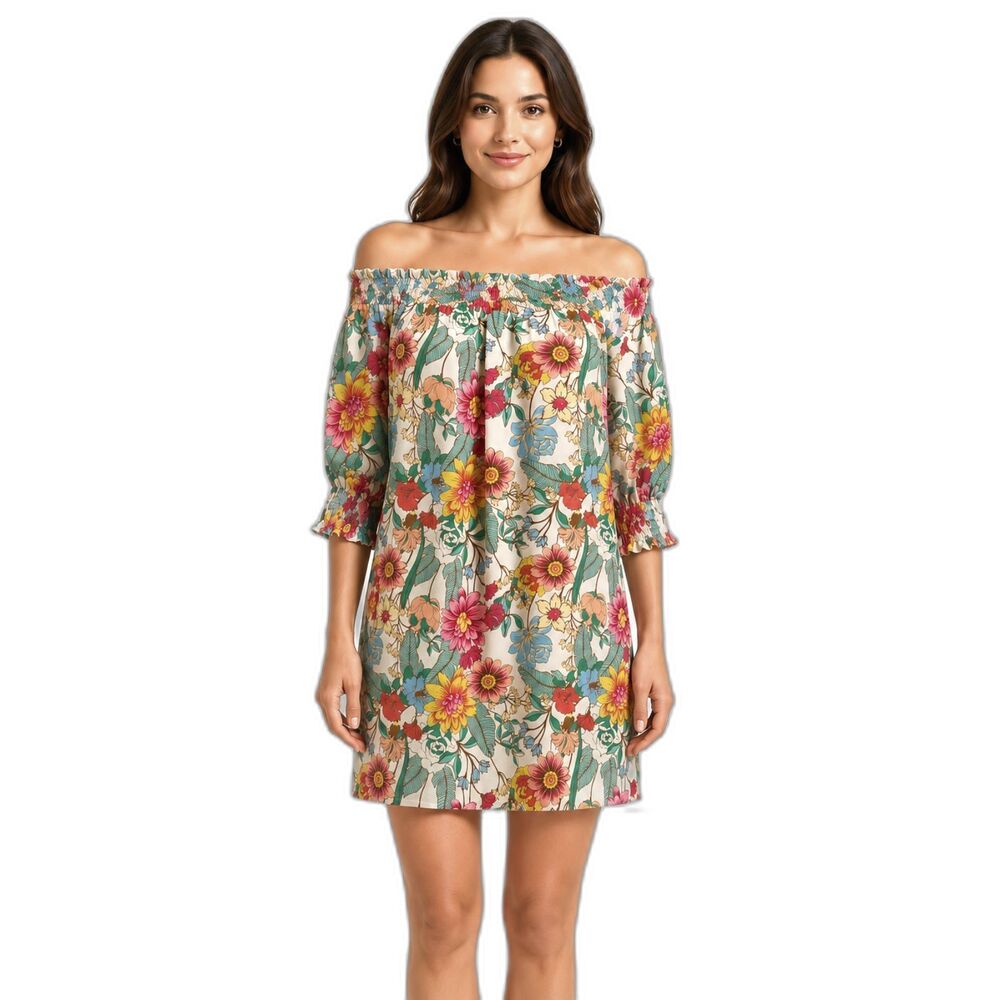 Umgee Floral Peasant Dress Small Boho Off Shoulder Smocked Sleeve Lined